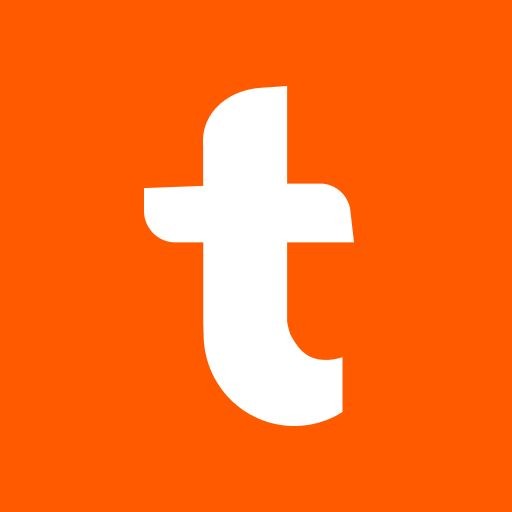 Orange background with a white lowercase 't' symbol in the center.